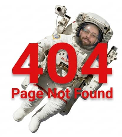 A personalized astronaut graphic with red "404 Page Not Found" text.